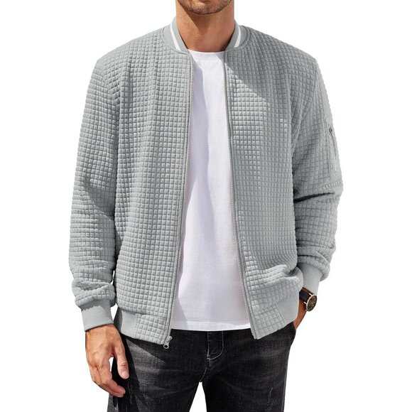 Men's Sweatshirt Bomber Jacket Light Gray Casual Zip Up Waffle Knit Lightweight